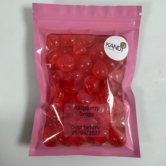 Pink package of raspberry pips with Kandi logo on a white background