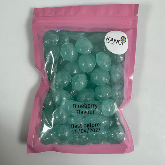 Bag of blueberry-flavored candies with Kandi Kingdom label on a white background